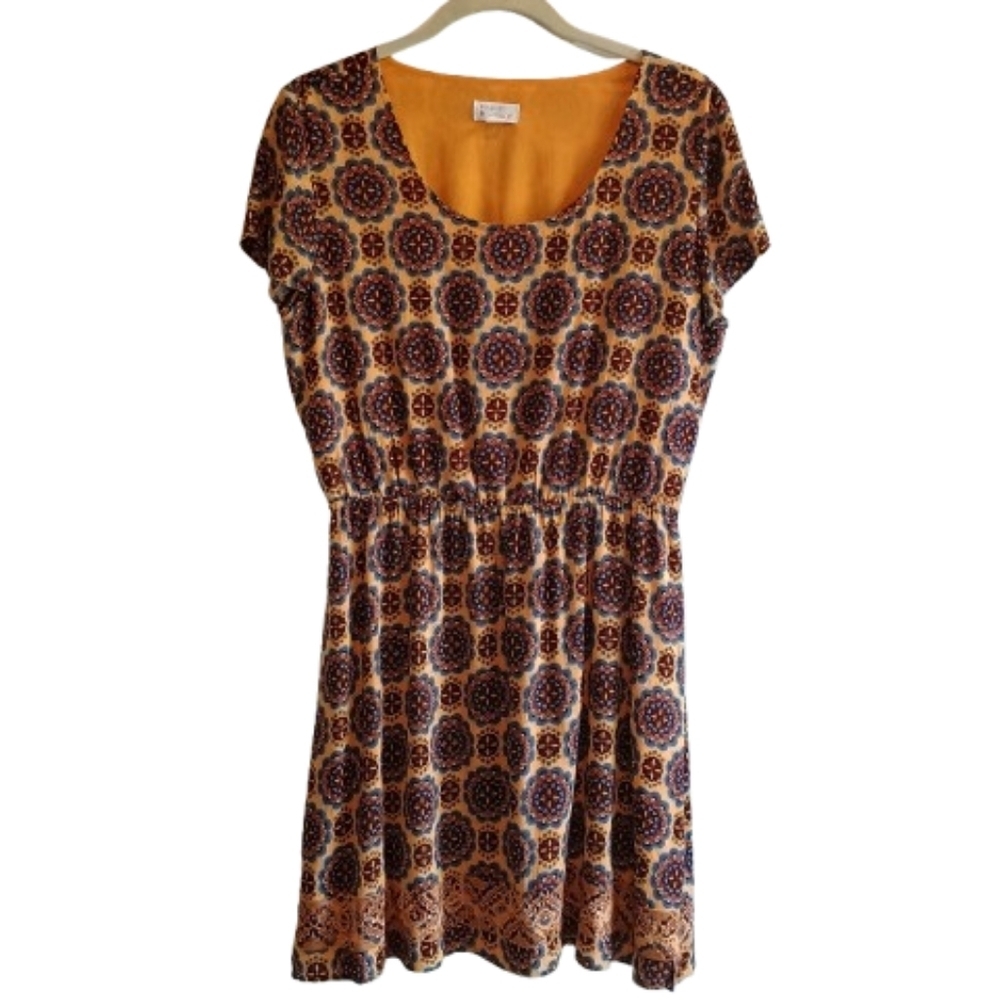 Market & Spruce Women's Medallion Print A-Line Dress Elastic Waist Boho Chic